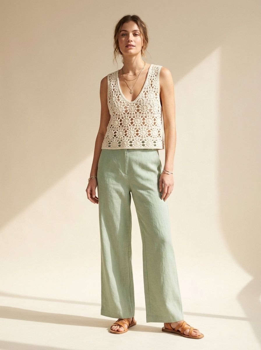 Elegante crop top in maglia all'uncinetto color avorio sporco - Senza maniche, con scollo a V