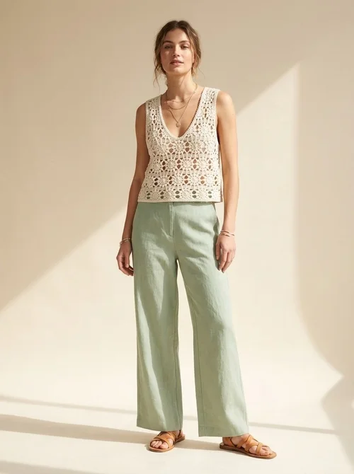 Elegante crop top in maglia all'uncinetto color avorio sporco - Senza maniche, con scollo a V