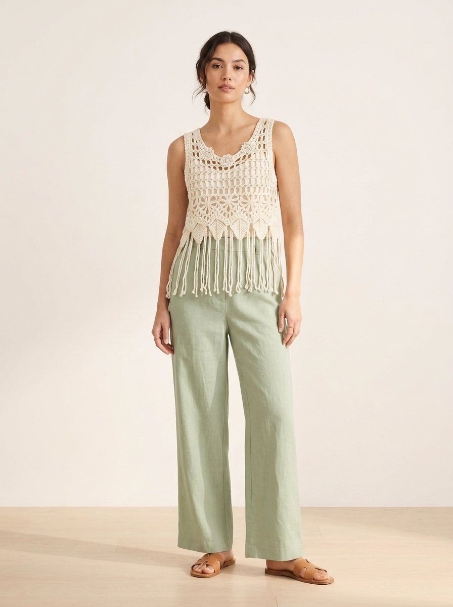 Top corto boho all'uncinetto con frange e decorazioni.