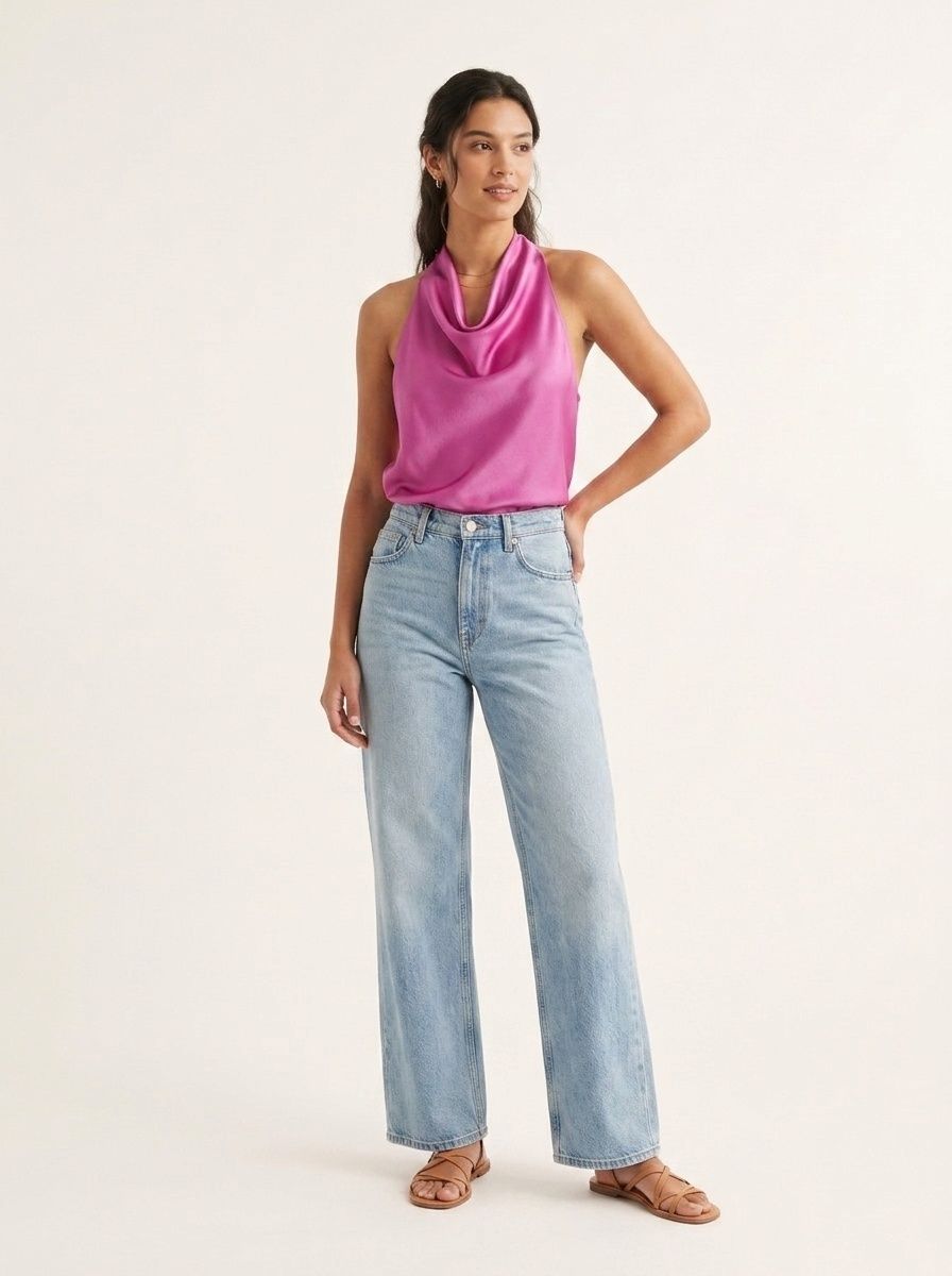 Top senza maniche in raso con scollo a cascata e allacciatura al collo - Elegante blusa senza maniche