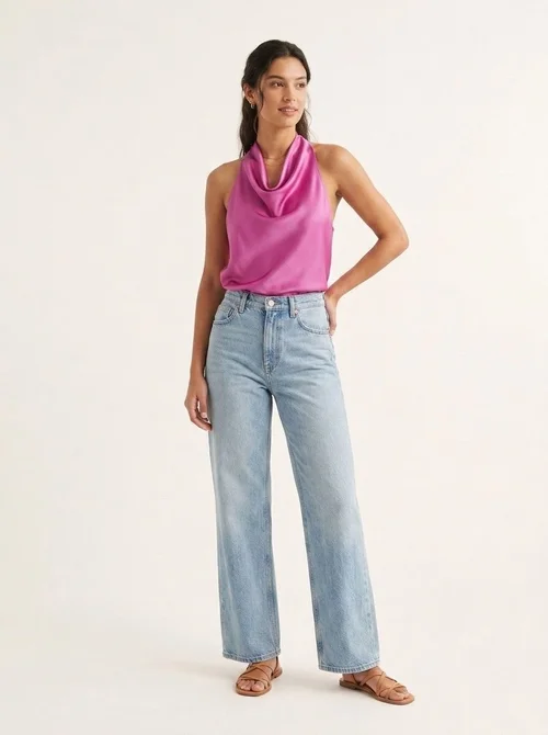 Top senza maniche in raso con scollo a cascata e allacciatura al collo - Elegante blusa senza maniche