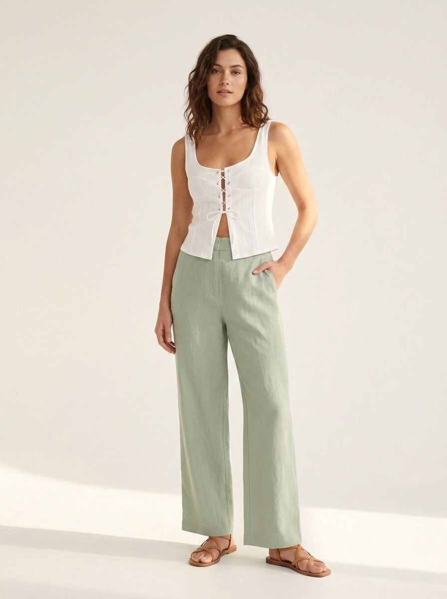 Elegante top corto a coste bianco con lacci e scollo quadrato