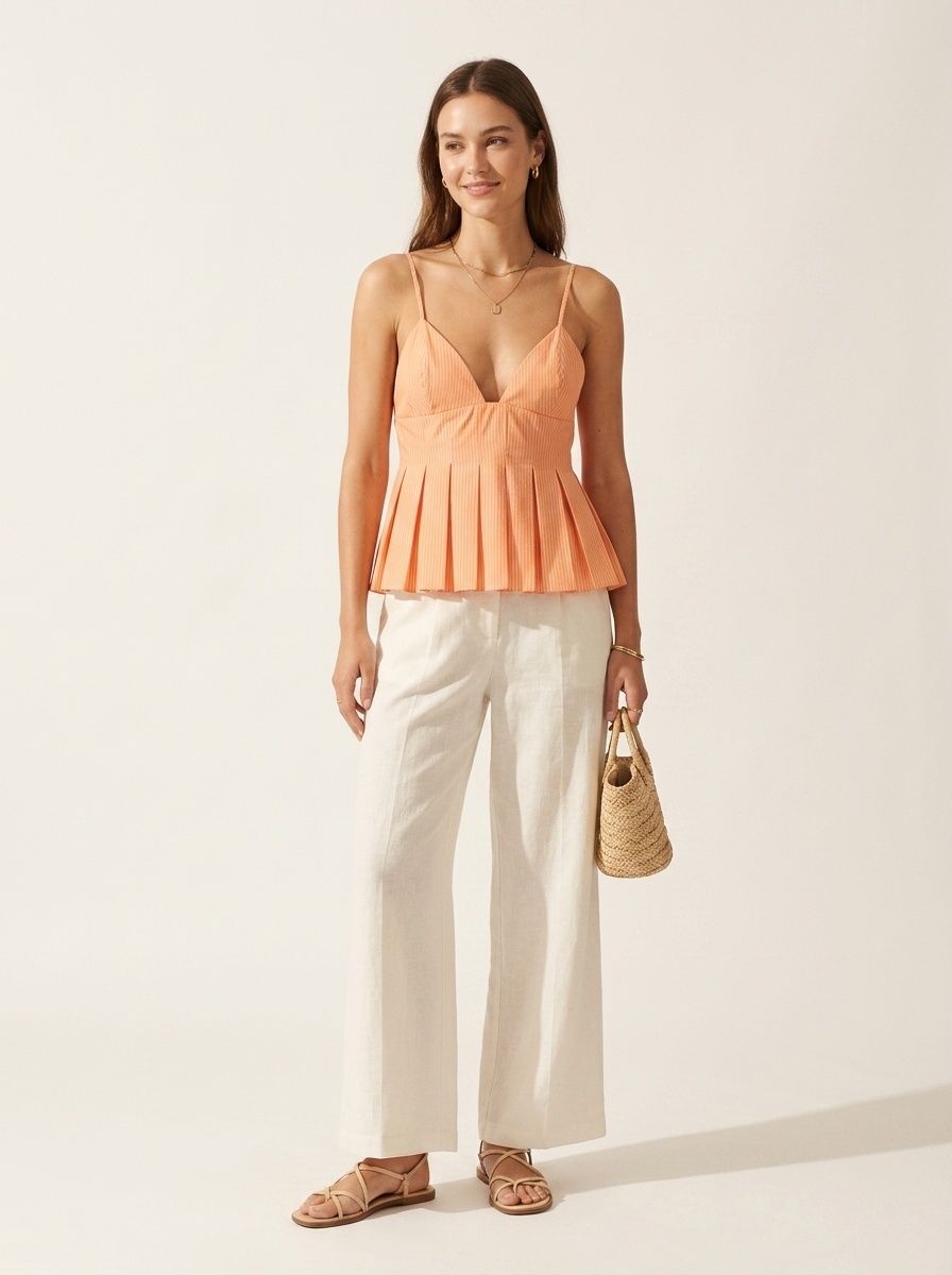 Top a canotta plissettato con scollo a V e righe arancioni