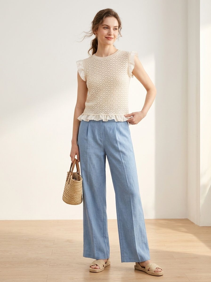 Elegante top in maglia con maniche a volant e dettagli traforati.