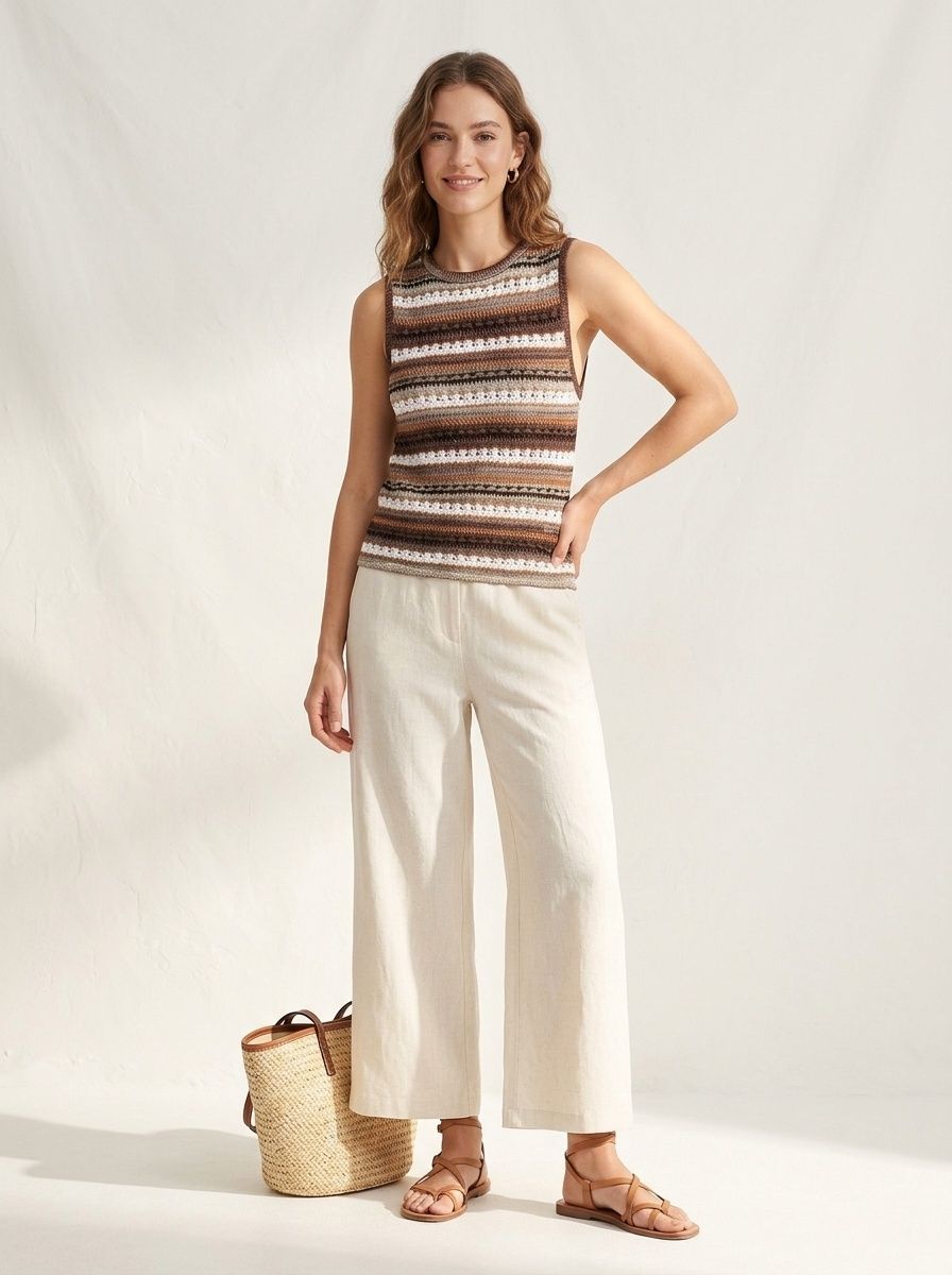 Elegante top senza maniche a righe in maglia all'uncinetto - Canotta estiva