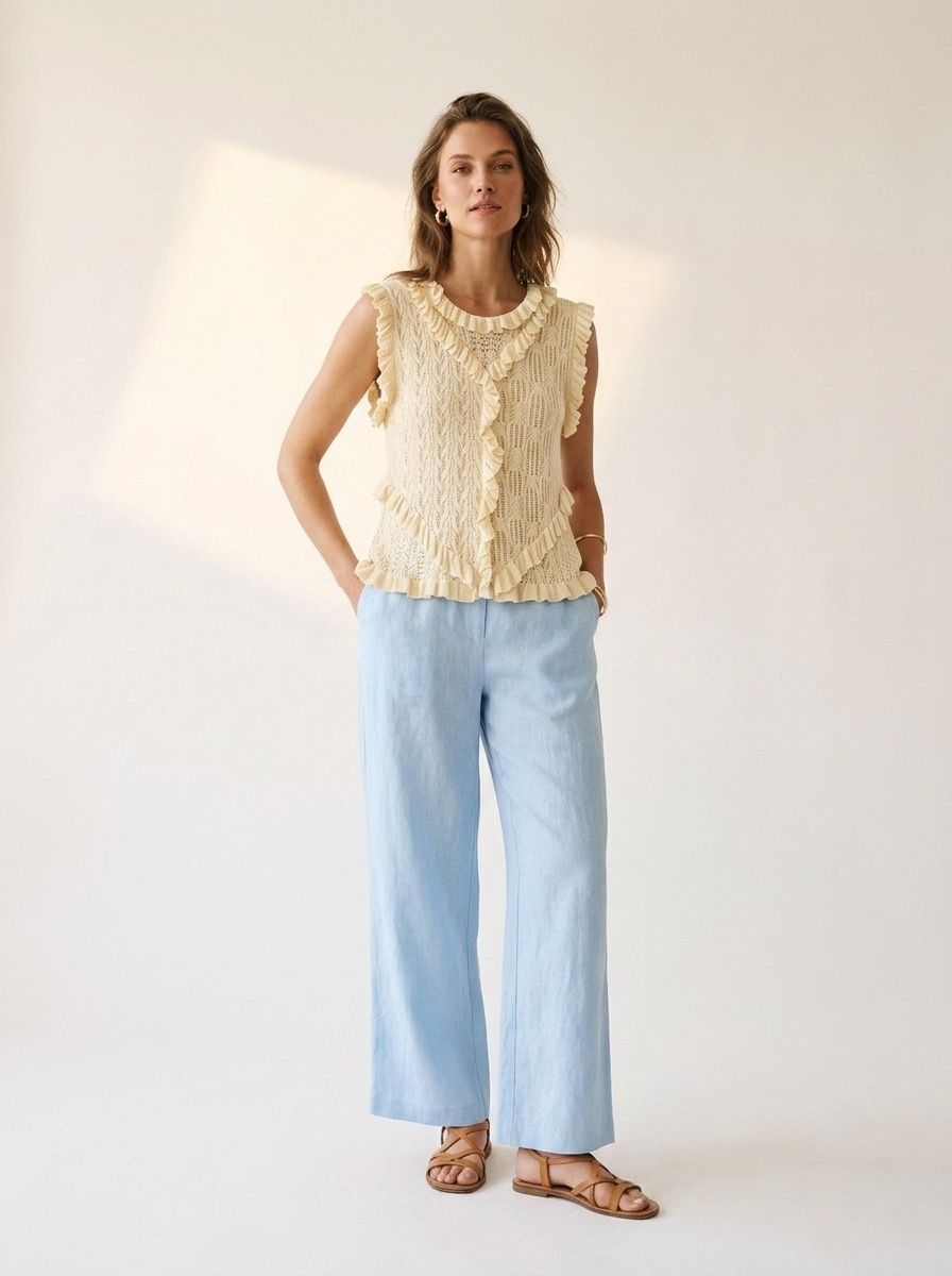 Elegante top senza maniche in maglia con volant - Gilet in maglia beige raffinato