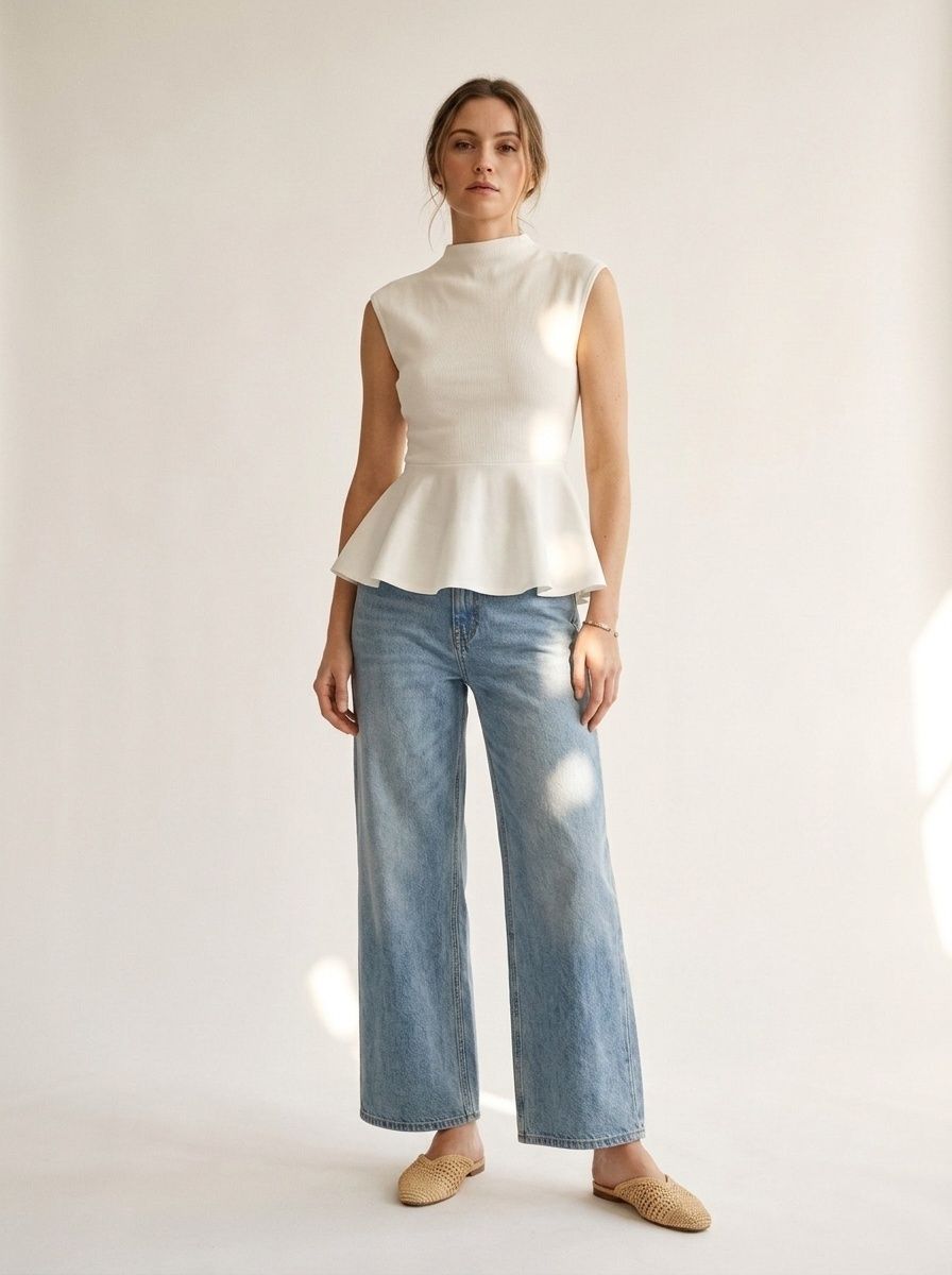 Elegante top bianco a coste con baschina - Chic senza maniche con collo alto
