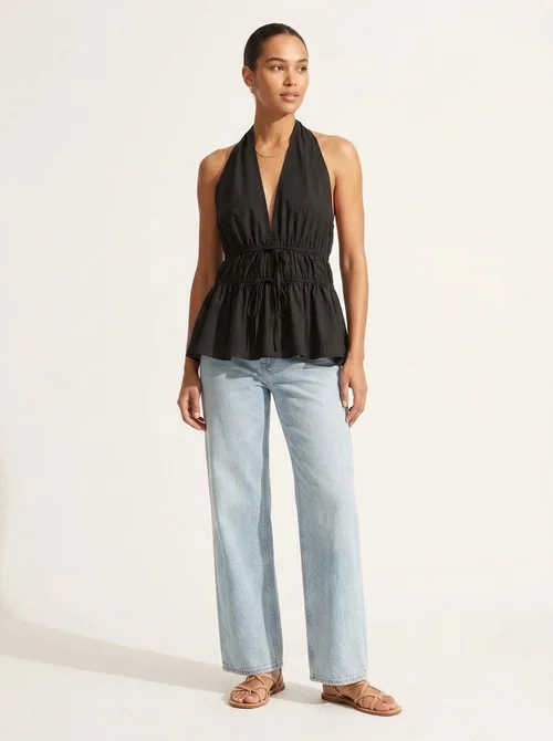 Elegante top peplum con scollo all'americana e coulisse in vita