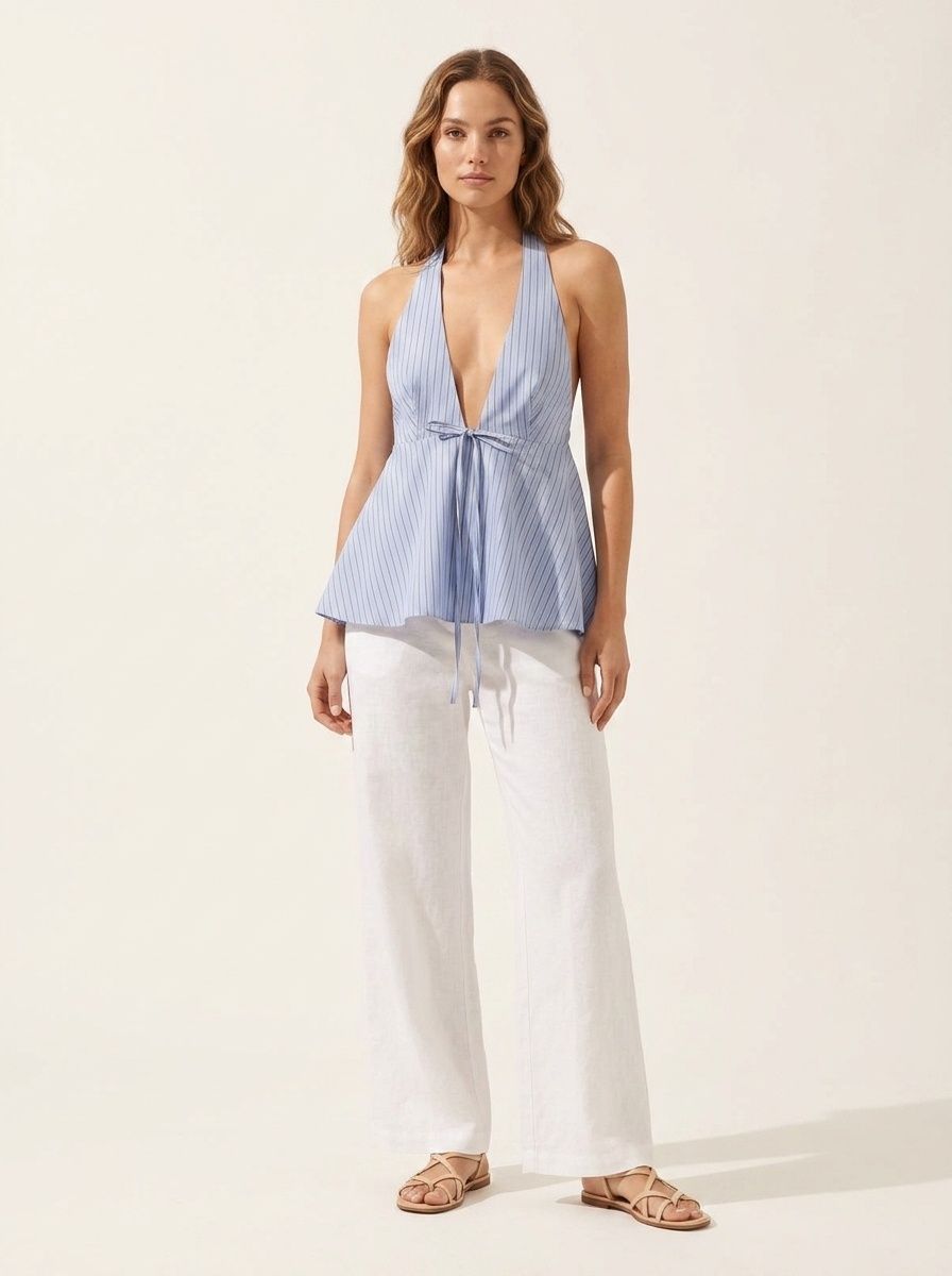 Elegante top all'americana con scollo a V profondo e laccetti sul davanti - Stile estivo