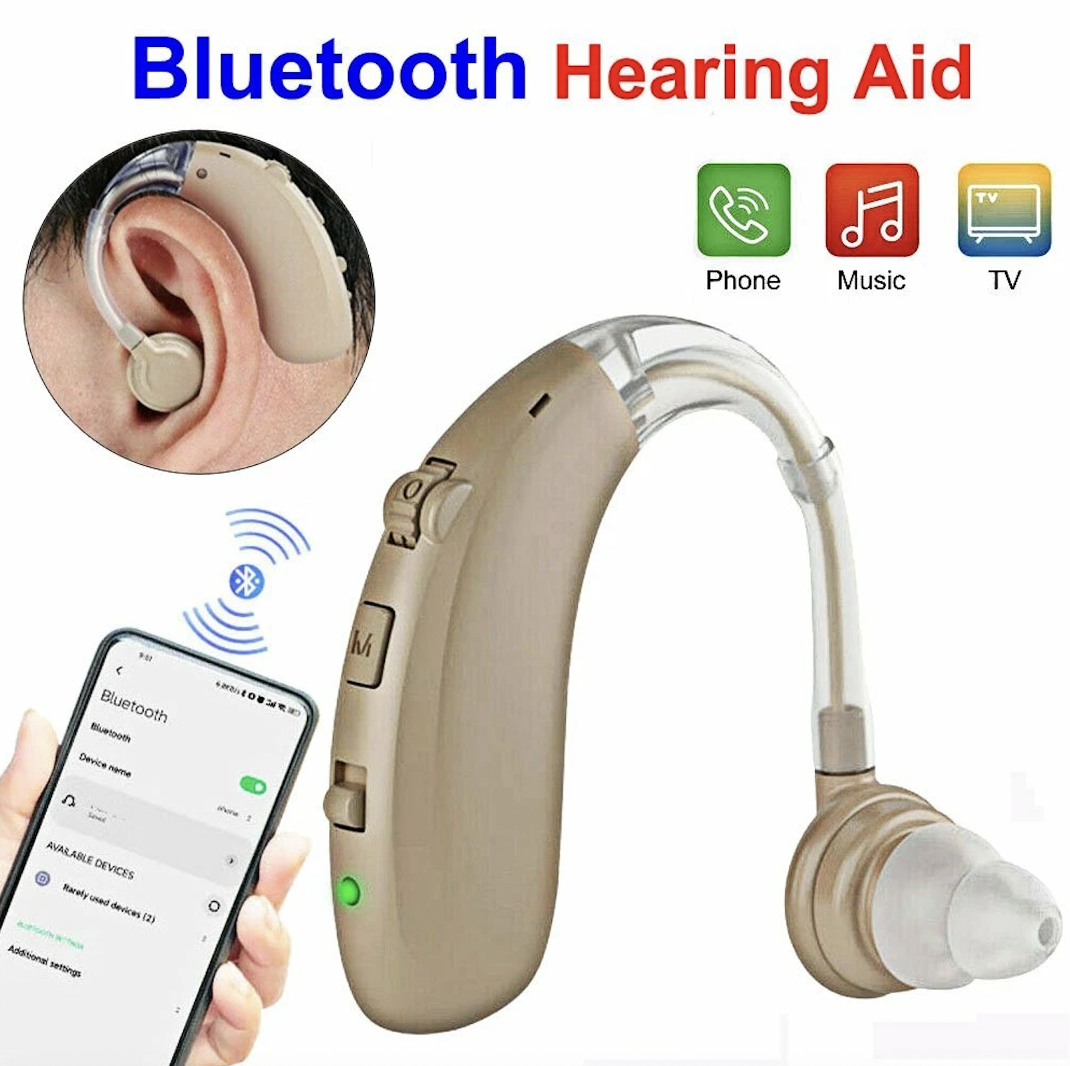A-360B Beige Bluetooth Hearing Aid with 50H Battery & 3 Noise Modes - 6 Volume Levels #26240009