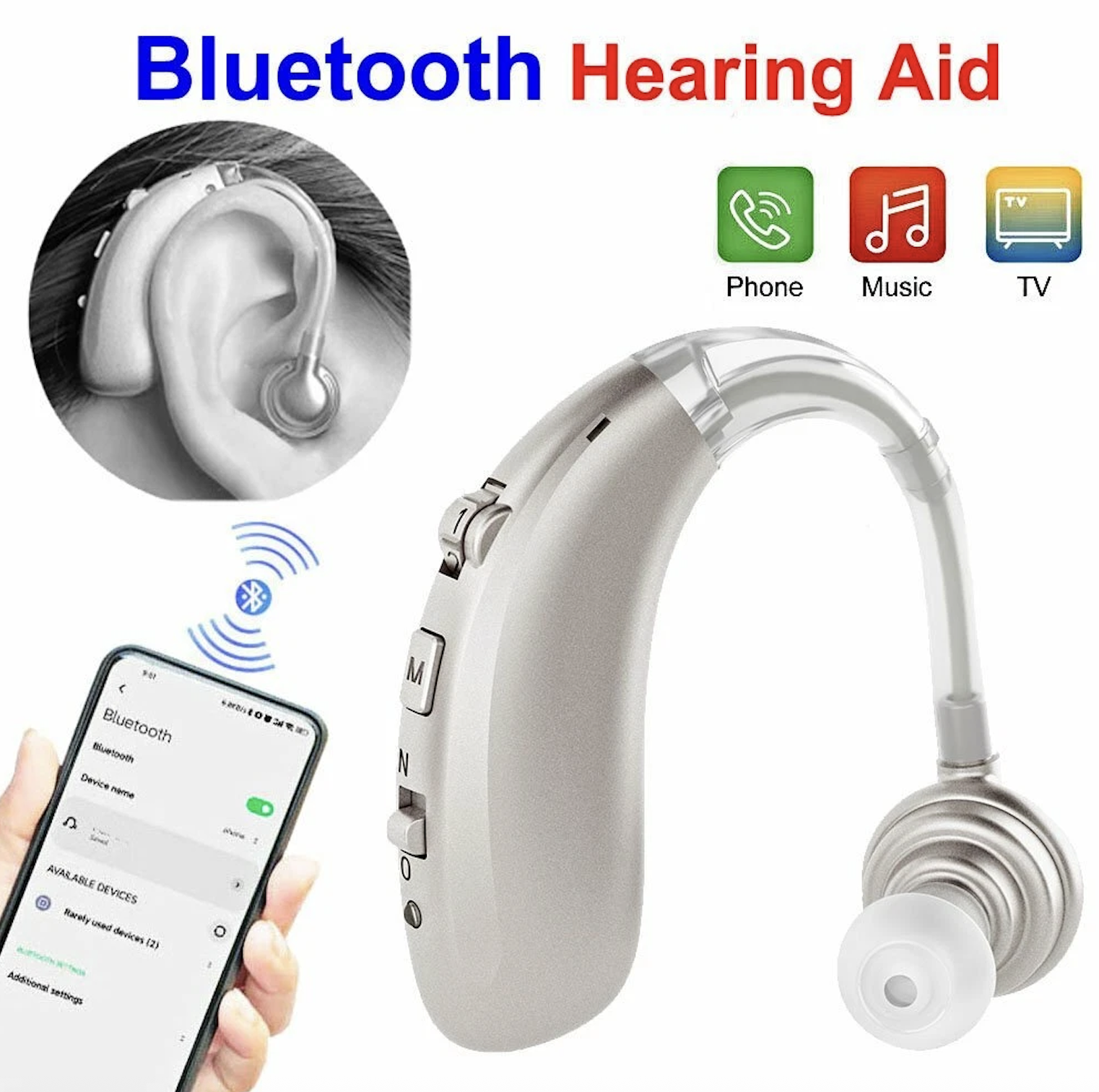 A-360B Silver Bluetooth Hearing Aid with 50H Battery & 3 Noise Modes - 6 Volume Levels #26240010