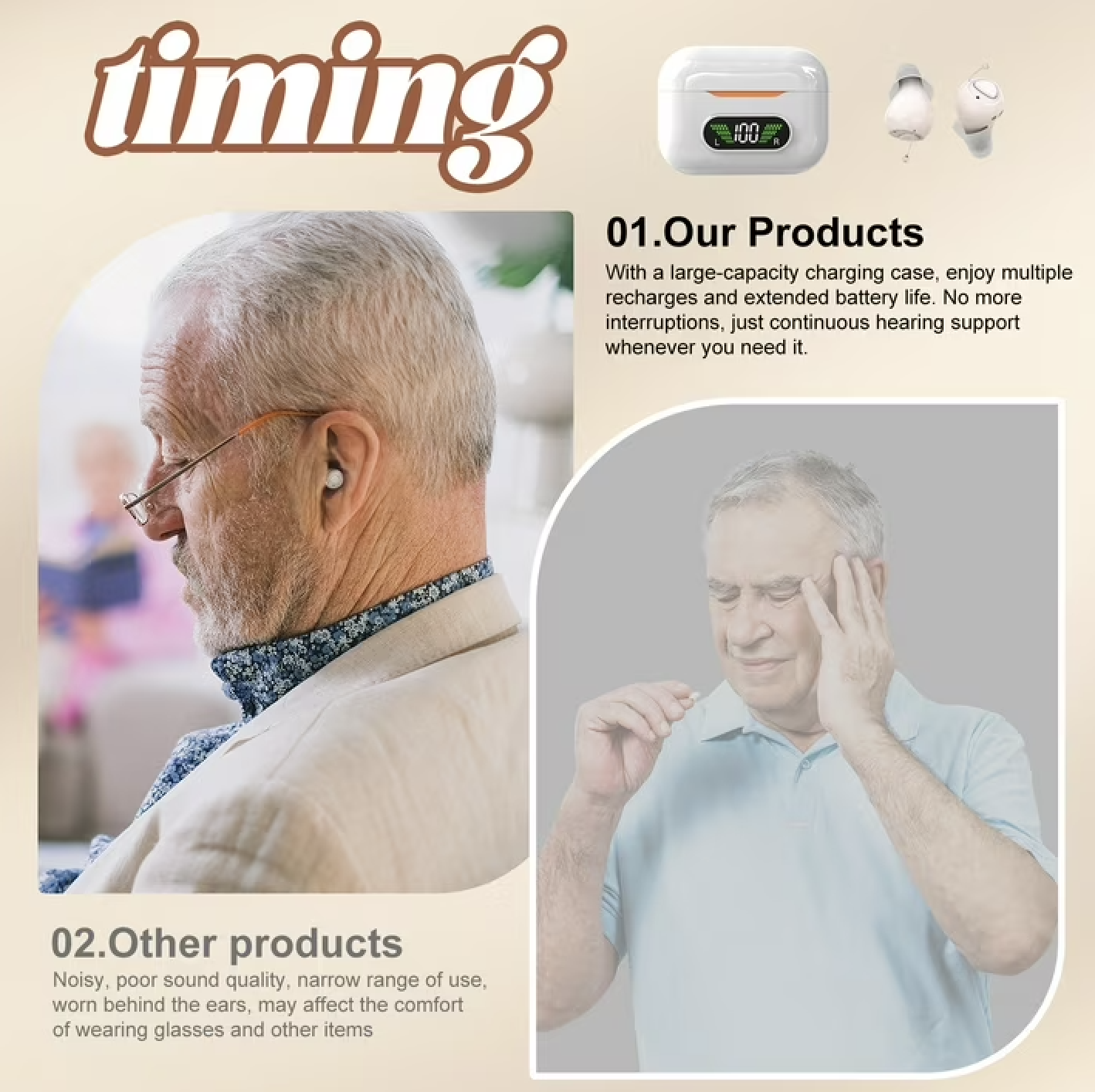 GM-990 Pair Beige AI Noise Reduction Hearing Aids UV Sterilization 120H #26240015