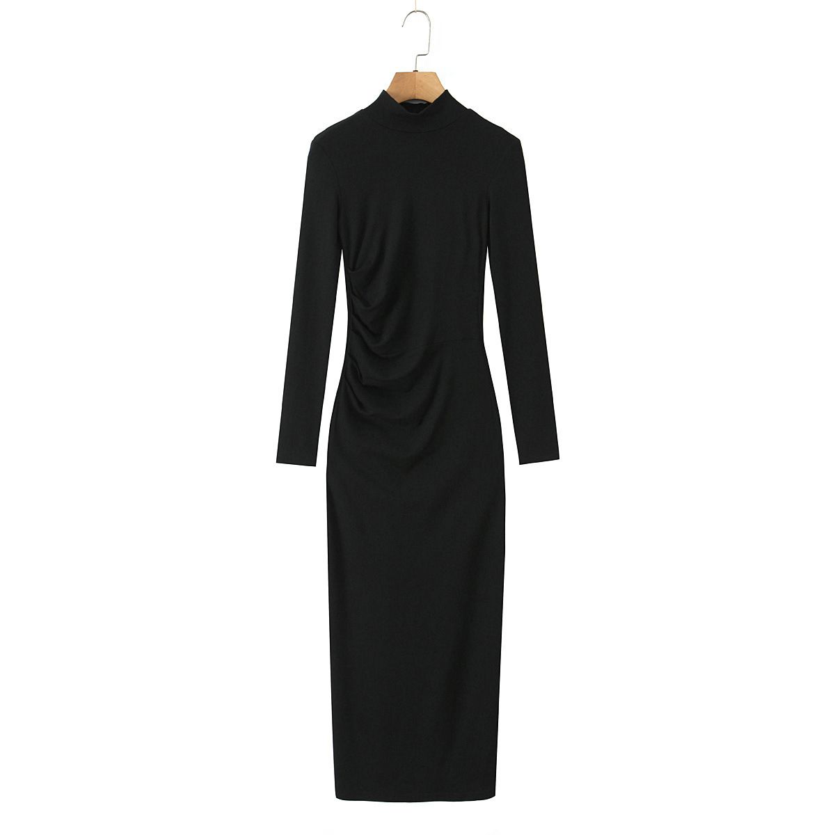 Knit Dress - Ruched High Neck Long Sleeve Casual KUN-00091