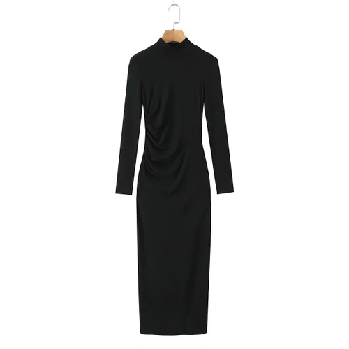 Knit Dress - Ruched High Neck Long Sleeve Casual KUN-00091