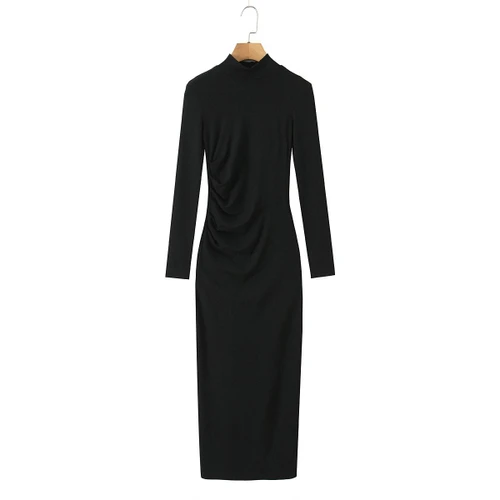 Knit Dress - Ruched High Neck Long Sleeve Casual KUN-00091