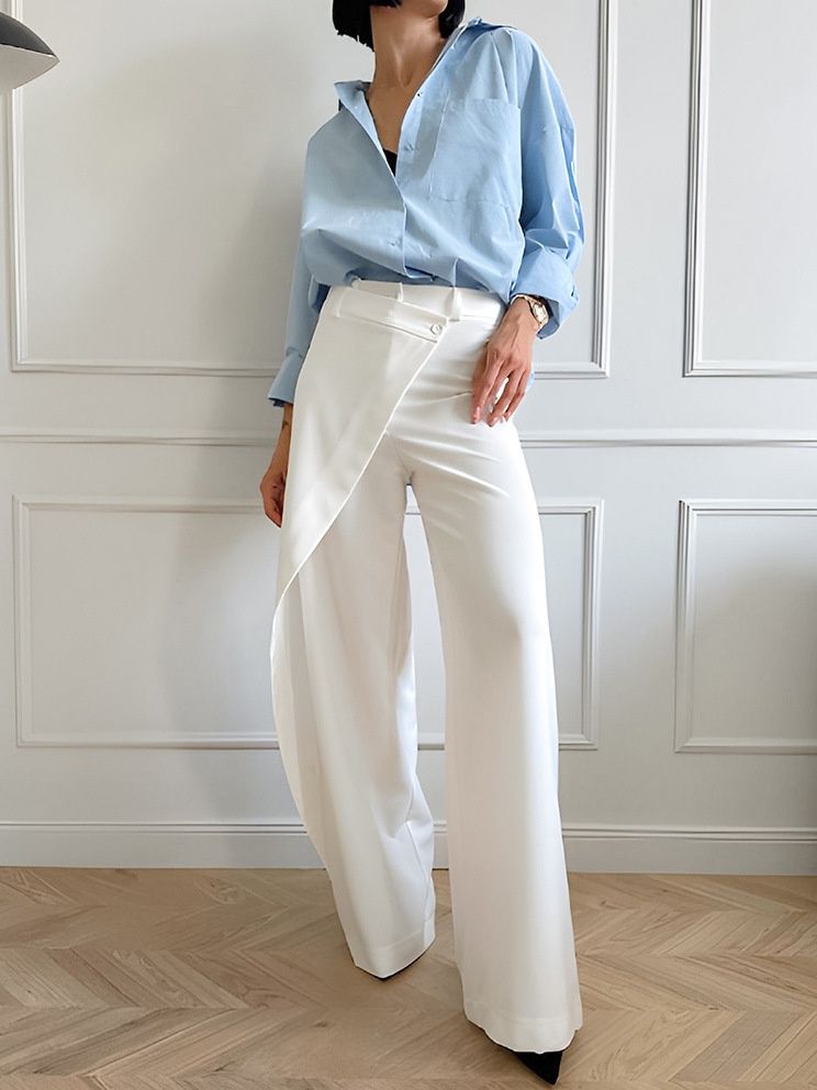 Pantalones anchos cruzados blancos elegantes - Diseño asimétrico moderno