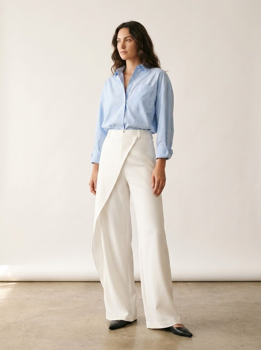 Pantalon portefeuille blanc chic à jambes larges - Coupe asymétrique moderne