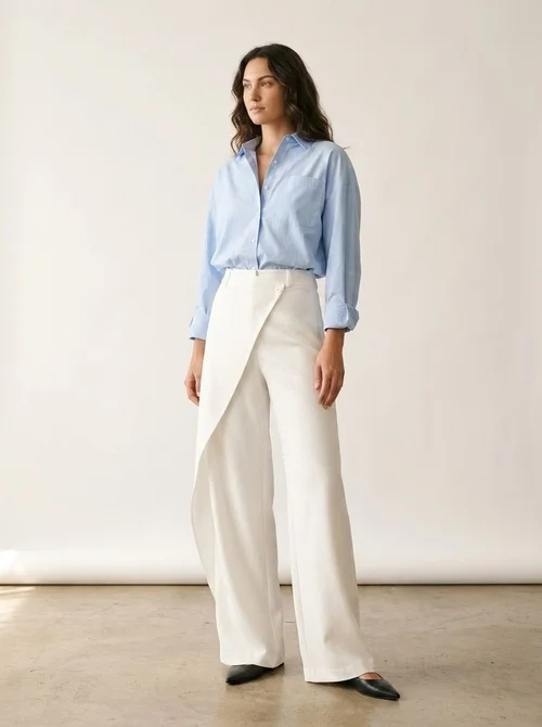 Eleganti pantaloni a portafoglio bianchi a gamba larga - Design asimmetrico moderno