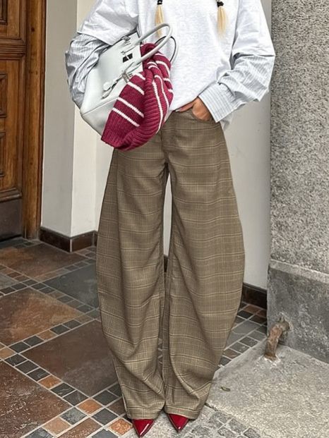 Pantalones anchos de pierna holgada a cuadros para mujer - Pantalones de cuadros