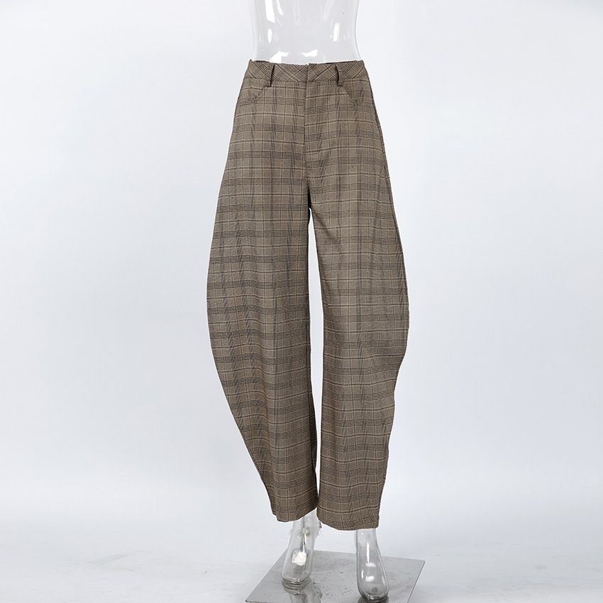 Pantalones anchos de pierna holgada a cuadros para mujer - Pantalones de cuadros