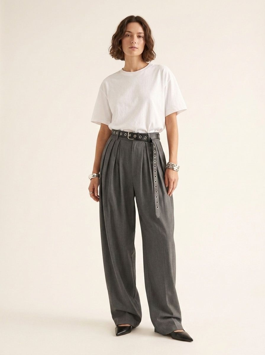 Pantalon plissé gris taille haute à jambes larges pour femme