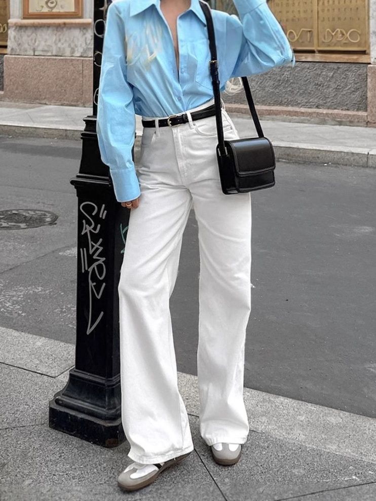 Vaqueros blancos de talle alto y pierna ancha - Denim de corte relajado