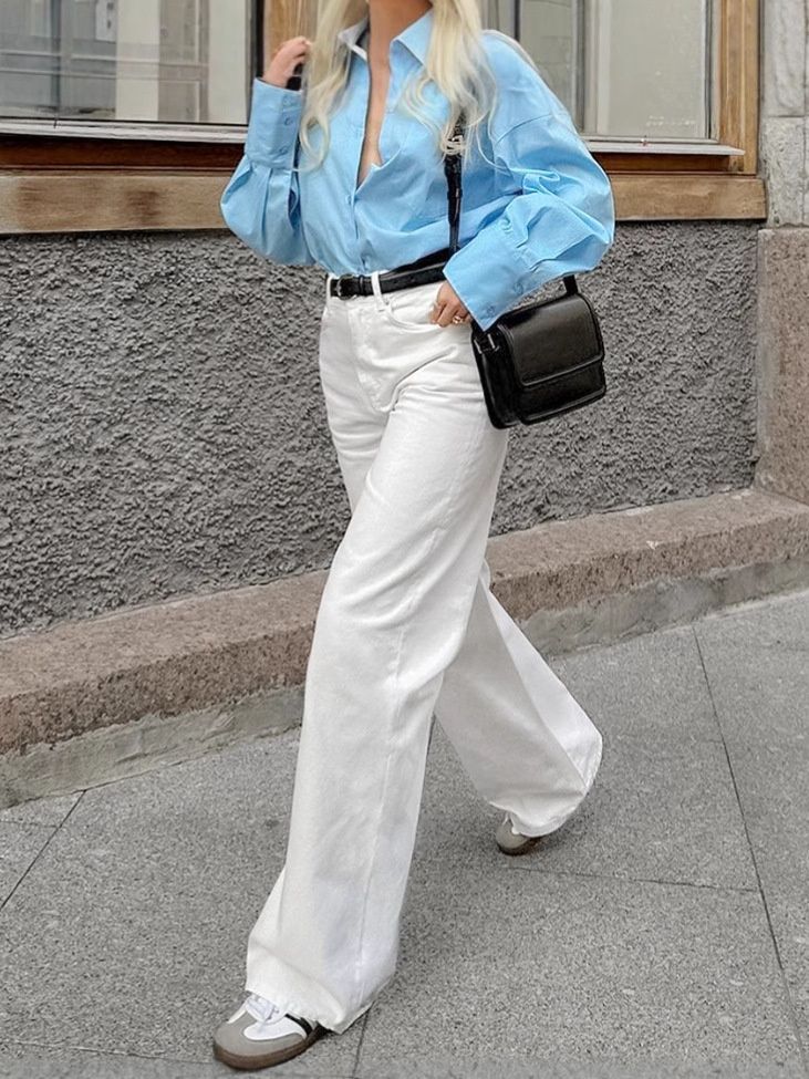 Jean blanc taille haute à jambes larges - Coupe décontractée en denim