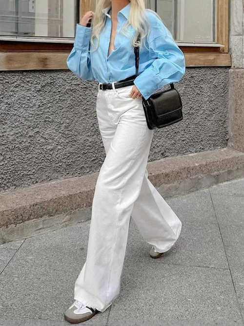 Jean blanc taille haute à jambes larges - Coupe décontractée en denim