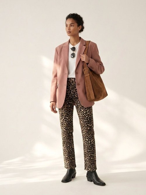 Pantaloni a vita alta a gamba dritta con stampa leopardata