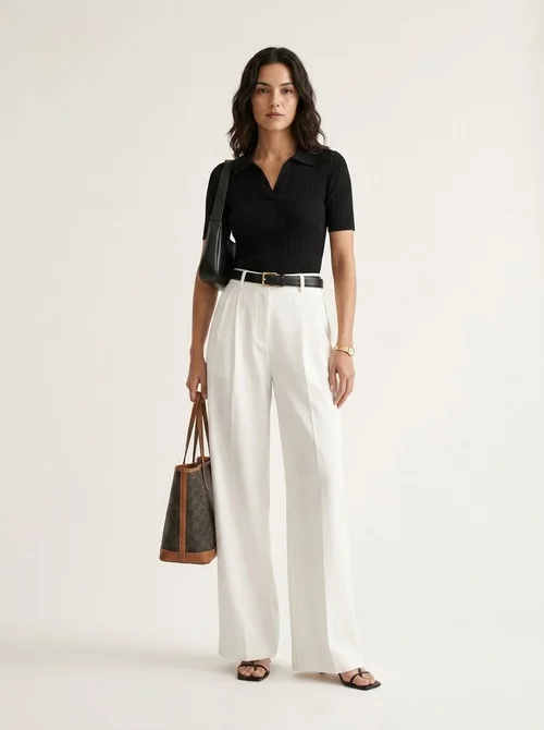 Pantaloni bianchi da donna a vita alta e gamba larga