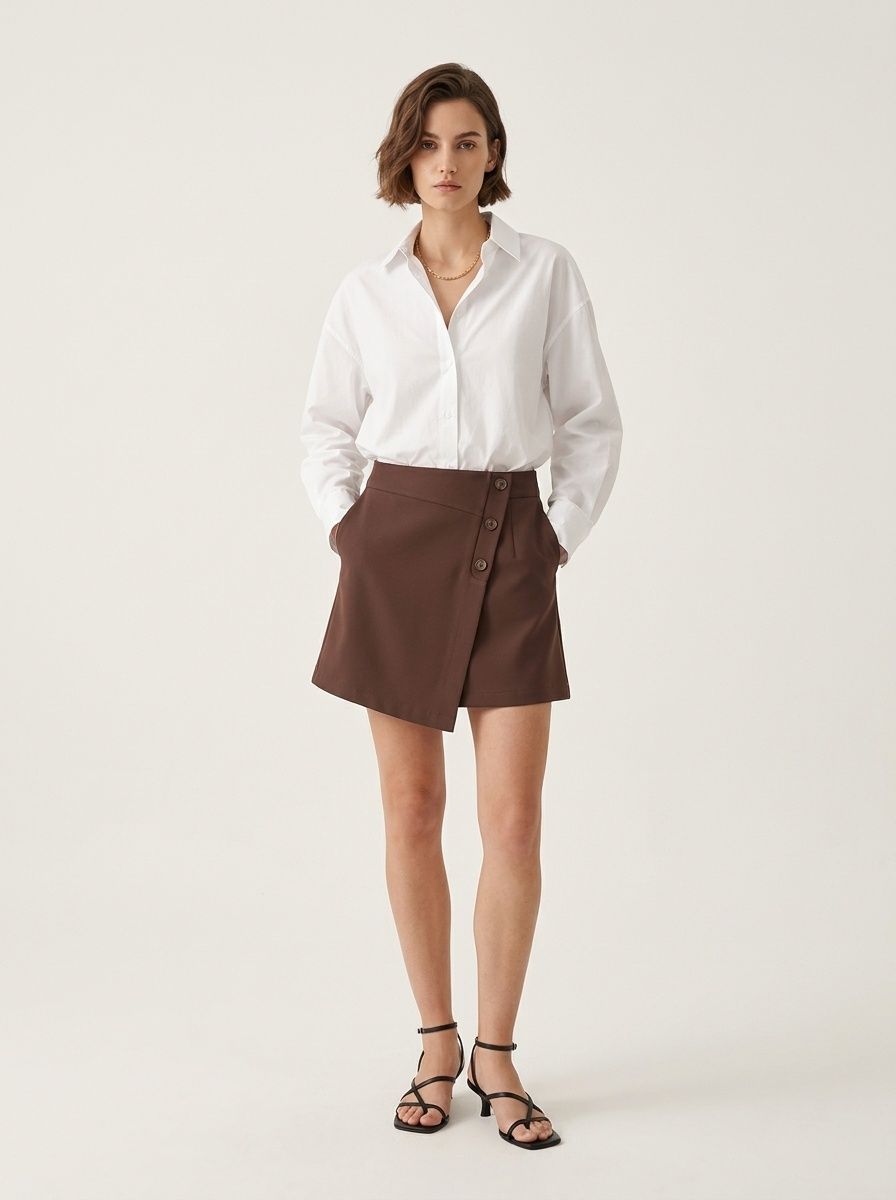 High Waist Asymmetric Button Wrap Mini Skirt