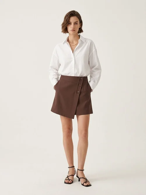 High Waist Asymmetric Button Wrap Mini Skirt