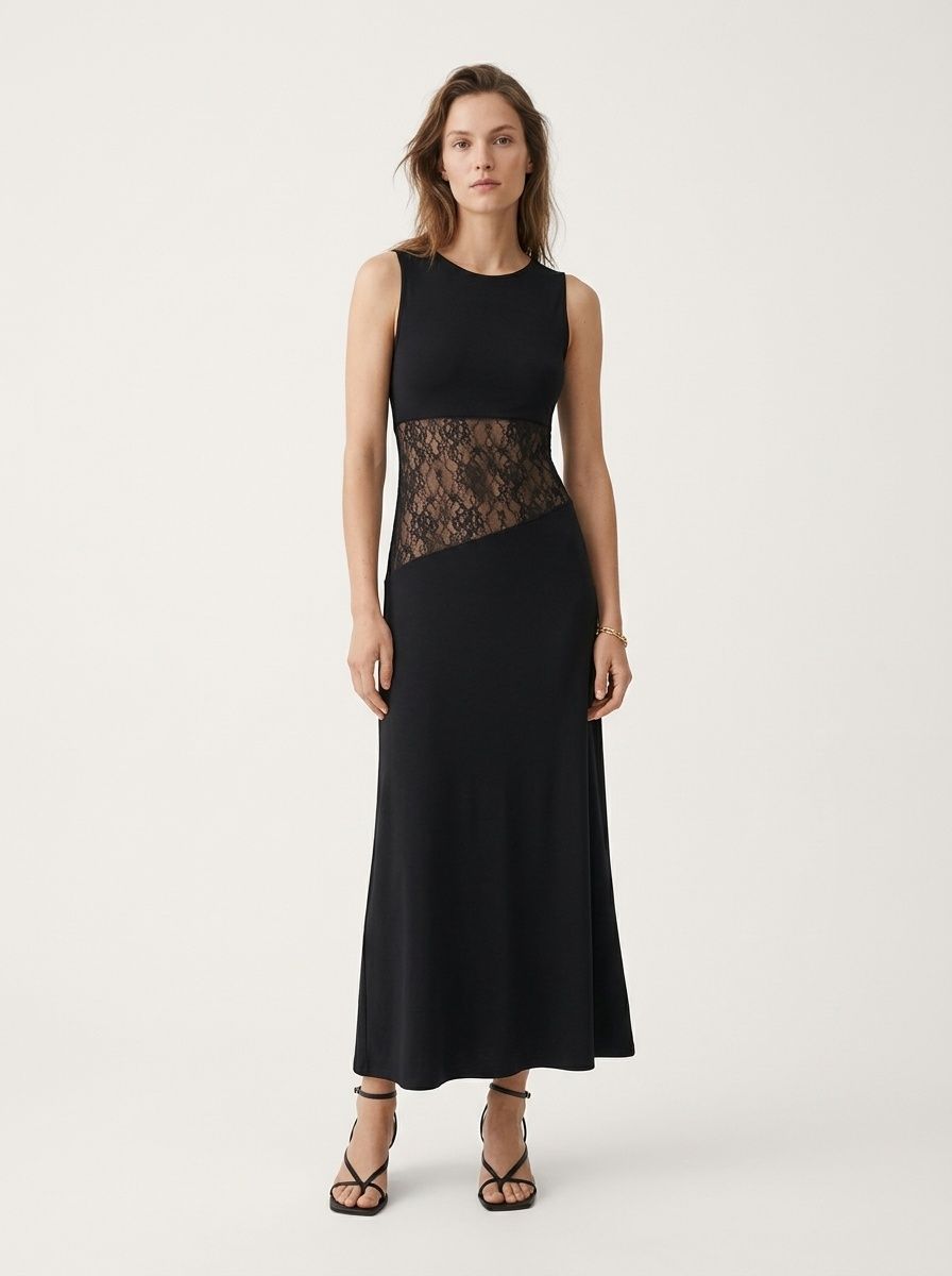 Sleeveless Sheer Lace Waist Maxi Dress