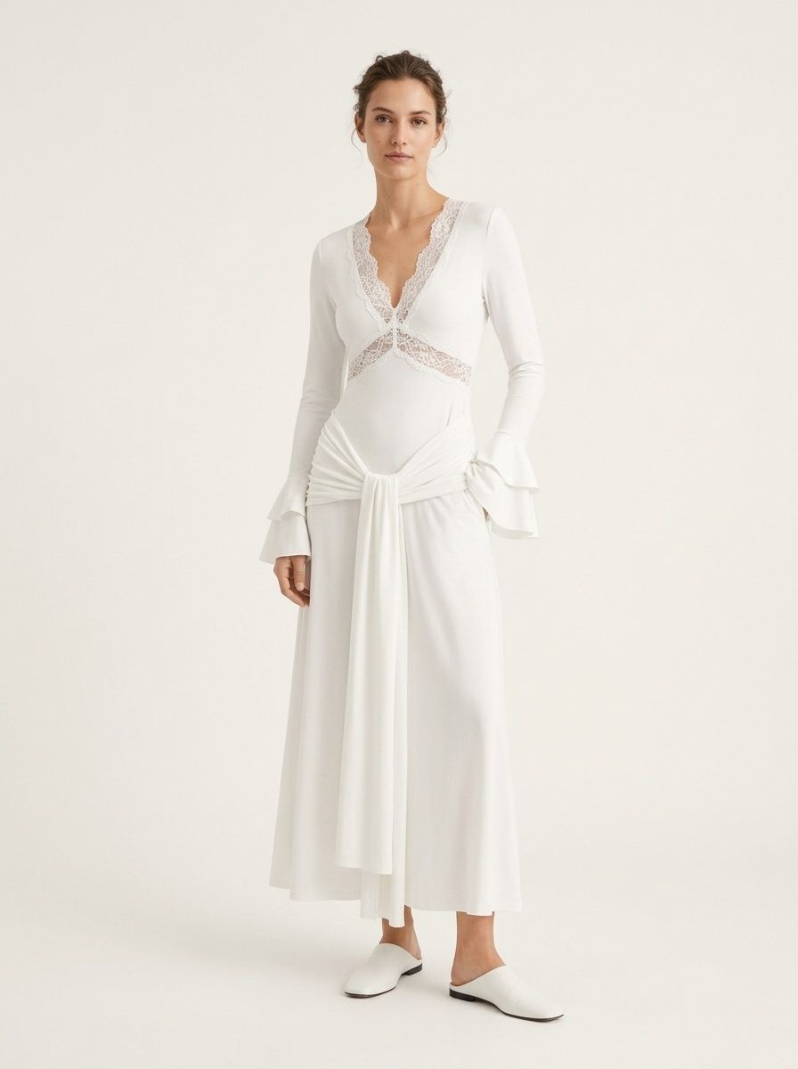 Lace Trim V-Neck Long Sleeve Maxi Dress