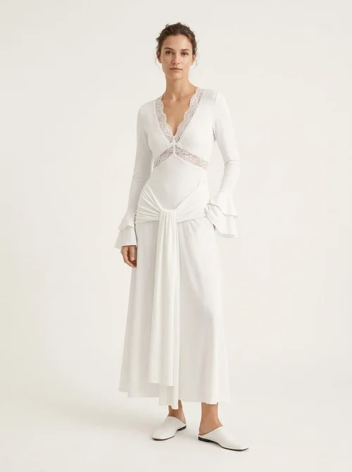 Lace Trim V-Neck Long Sleeve Maxi Dress