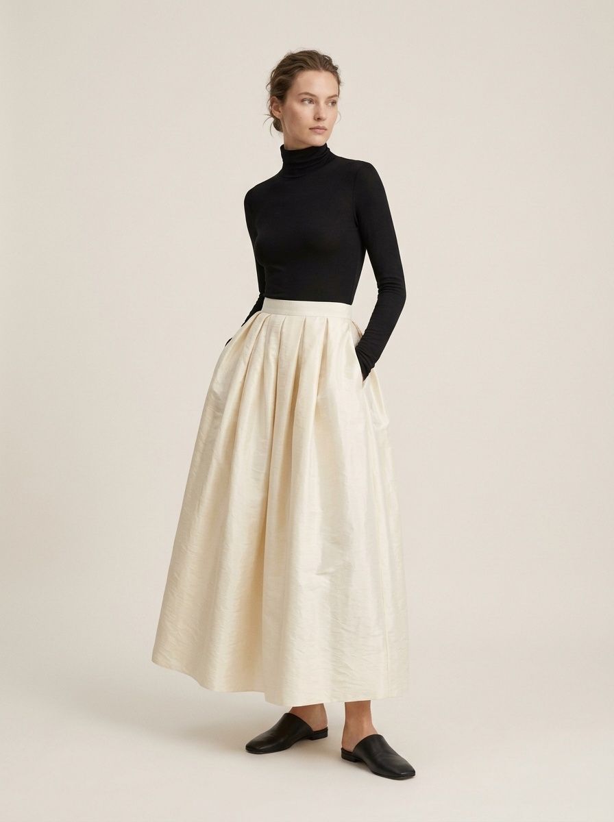 High Waist Pleated Satin Maxi A-Line Skirt