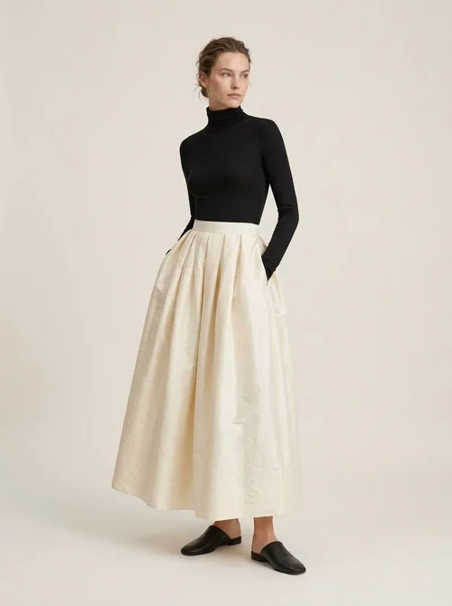High Waist Pleated Satin Maxi A-Line Skirt