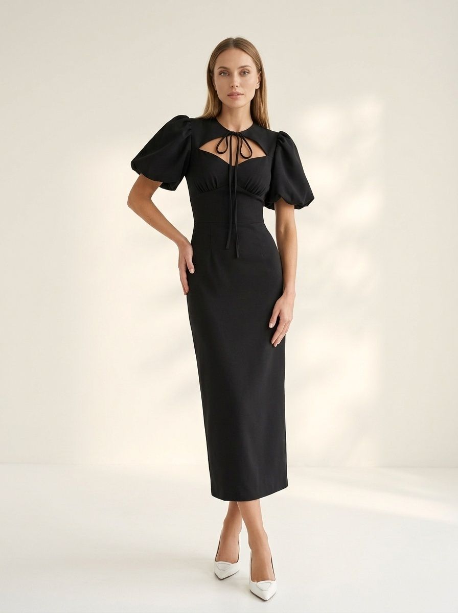 Robe midi moulante élégante à manches bouffantes, découpes et col noué