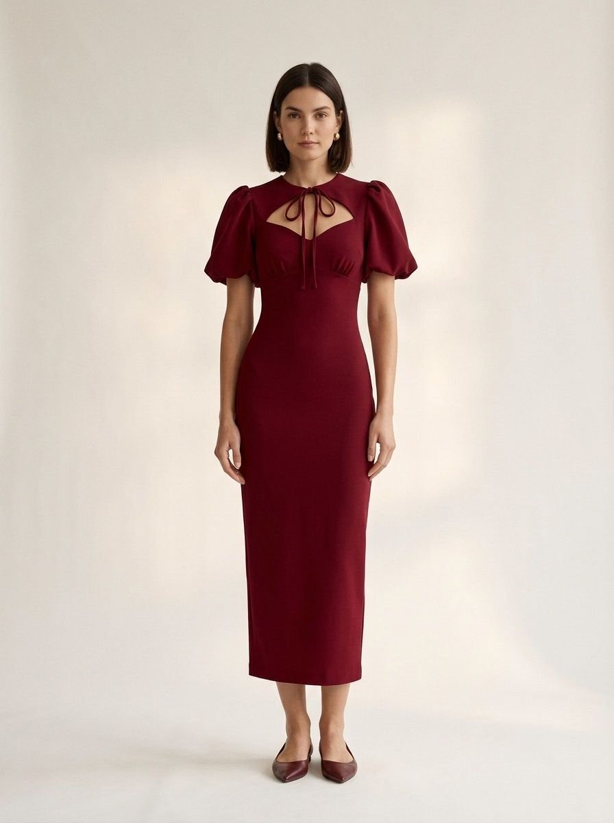 Elegante vestido midi ajustado con mangas abullonadas, aberturas y cuello con lazo