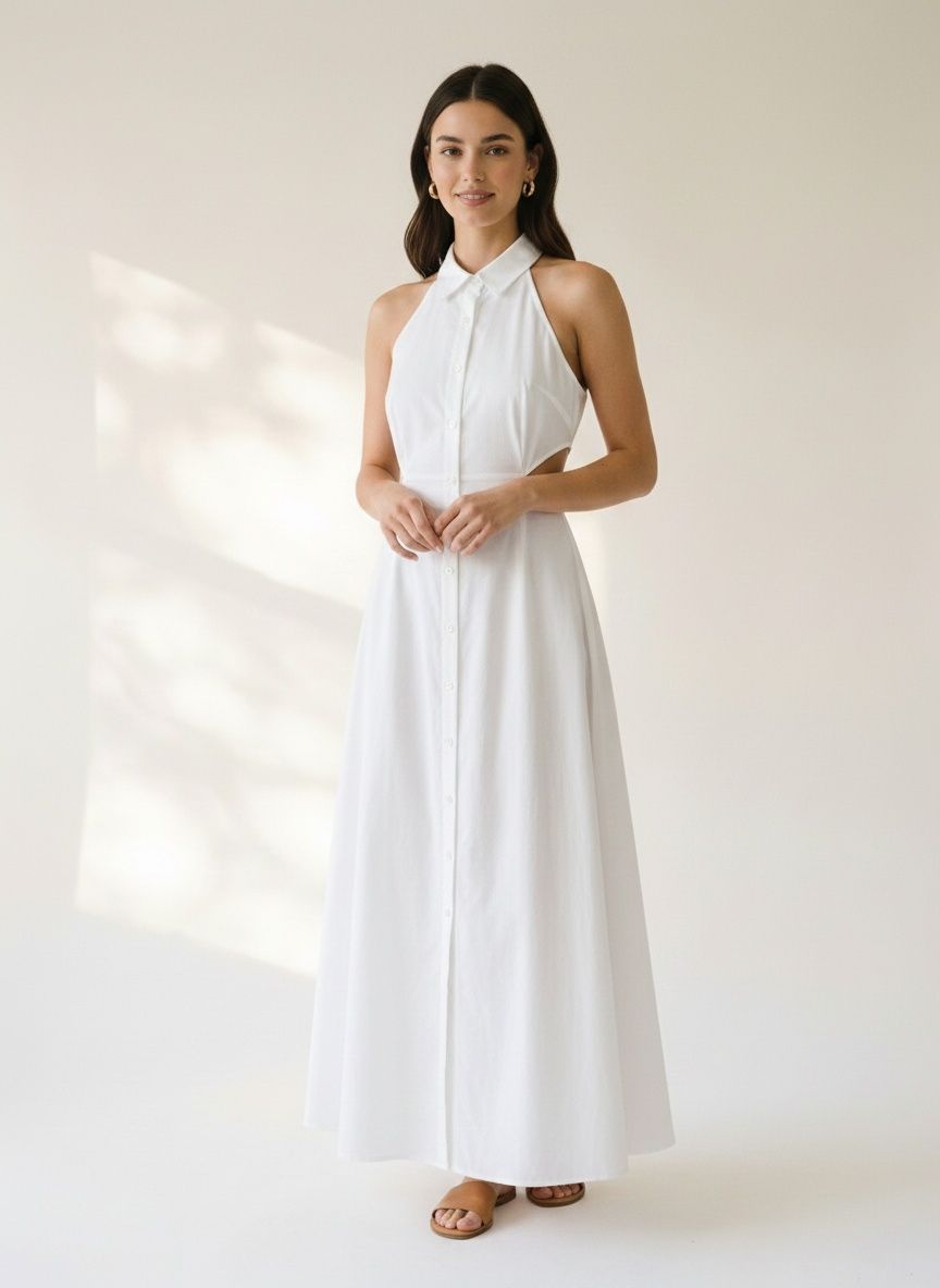 Robe longue blanche dos nu à col halter et boutons sur le devant