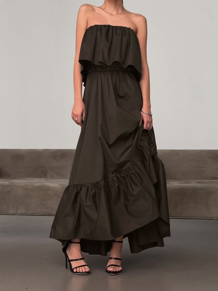 Elegante vestido largo sin tirantes con volantes - Vestido fluido de varias capas