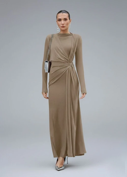 Vestidos midi de seda color leche con efecto encrespado Vestidos de estilo laboral SFE-00015