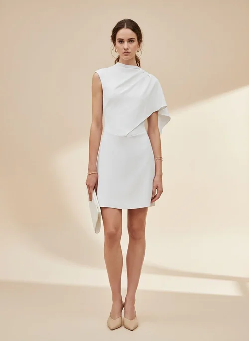 Elegant White Asymmetric Drape Mini Dress