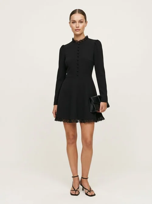 Black Long Sleeve Lace Trim Button Front Mini Dress