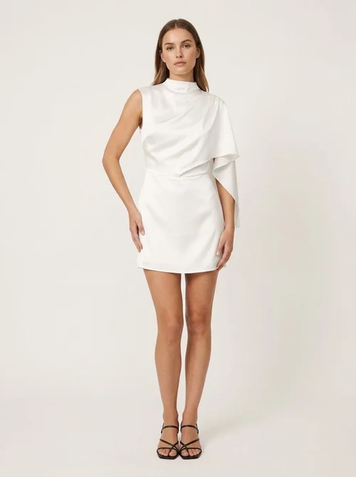 White Asymmetrical Draped Cape Sleeveless Mini Dress