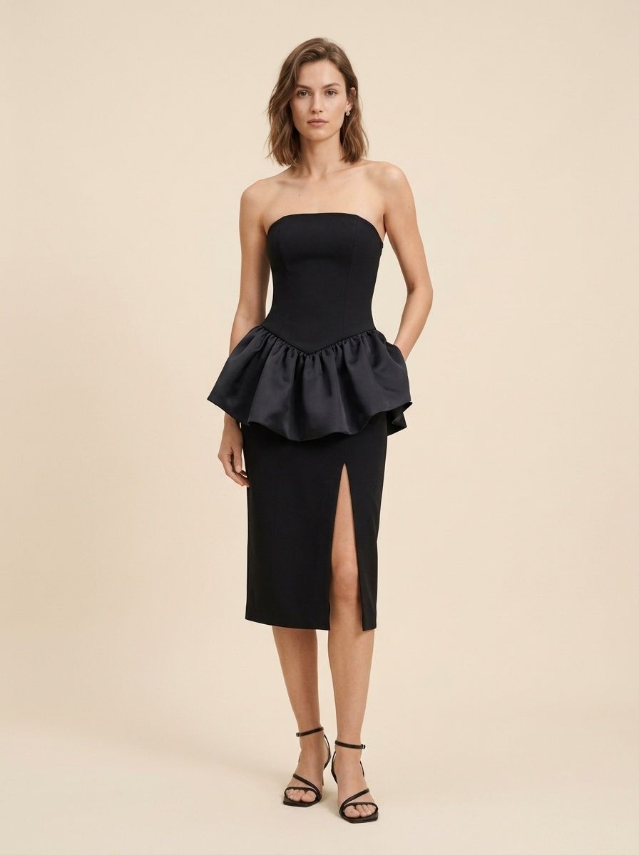 Strapless Ruffle Peplum Midi Dress with Slit