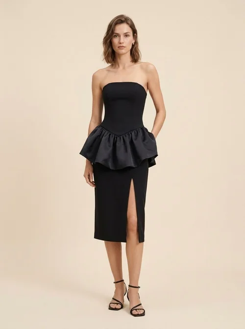 Strapless Ruffle Peplum Midi Dress with Slit