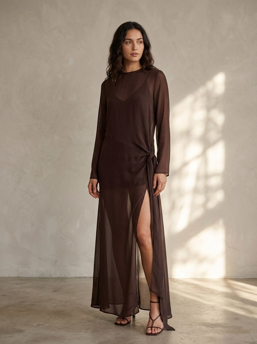 Robe longue transparente avec fente latérale et détail de nœud