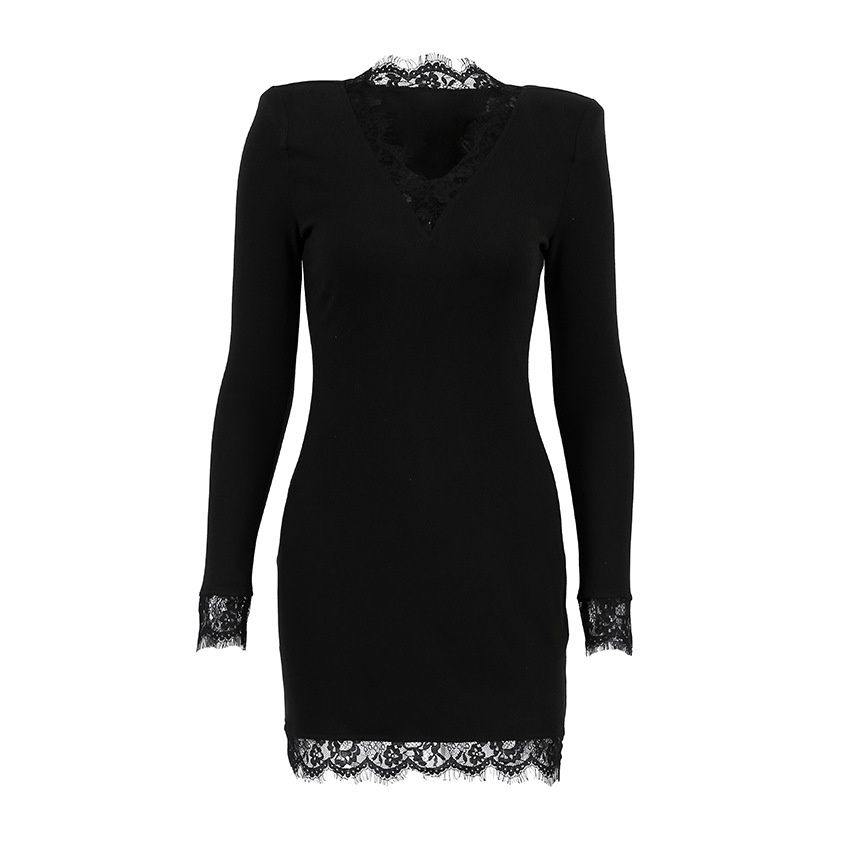 Minivestido negro con ribete de encaje y escote en V de manga larga