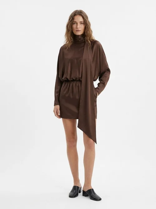 Women's Dark Brown Satin Scarf Neck Mini Dress